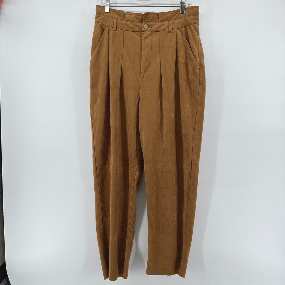 Free People Camel Brown Faux Suede Pleated Tapered High Rise Pants Size 10